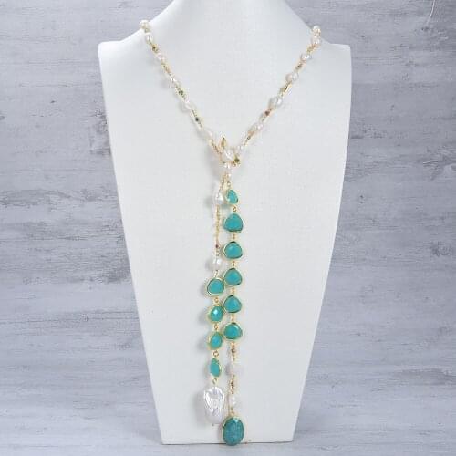 Jewelry Cultured White freshwater Pearl Blue Crystal Bezel Long sweater Chain Necklace Amazonite Keshi Pearl Charm