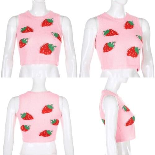 Women Sweet Strawberry Knitted Pink Vest Sleeveless Round Neck Slim Fit Sweater Autumn Preppy Style Cropped Tank Top