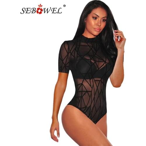 SEBOWEL Black Sexy Sheer Mesh Bodysuit Women Mock Neck Short Sleeve Bodysuits Bodycon Jumpsuit Transparent Female Body Tops 2020