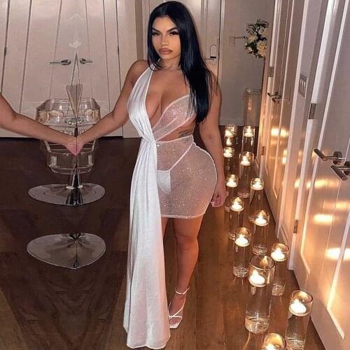 See Through Mesh Mini Dress For Women Summer Skinny Halter Sleeveless Backless Extended Gauze Sexy Clubwear Y2K Female Dresses