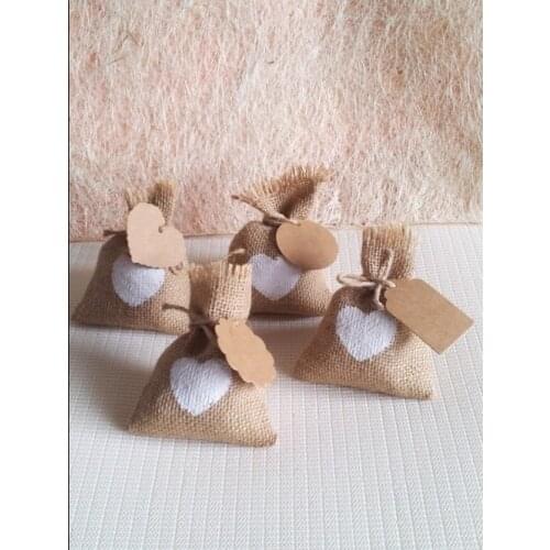 20set European-style garden wedding jute white love candy bags gift bags with kraft paper DIY label burlap bags sacks(14x10cm)