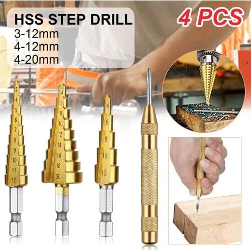 3pcs Titanium Step Drill Bit 5/9/10-Step 14 Sizes High Speed Steel Drill Bits Set for Metal Hole Drilling with Center Punch