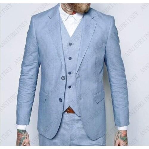 ANNIEBRITNEY Light Blue Linen Men Suit Classic Summer Jacket Men Wedding Suits Smart Casual Beach Prom Blazer Slim Jacket Pants