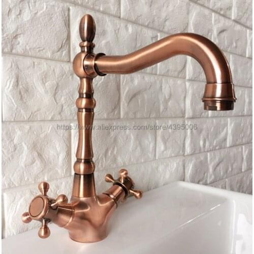 Antique Red Copper Bathroom Sink Faucet Basin Mixer Tap Double Cross Head Handle Single Hole Hot and Cold Water Brg054