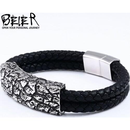 BEIER 316L stainless steel Fine stone pattern leather mens bracelet rock party high quality jewelry