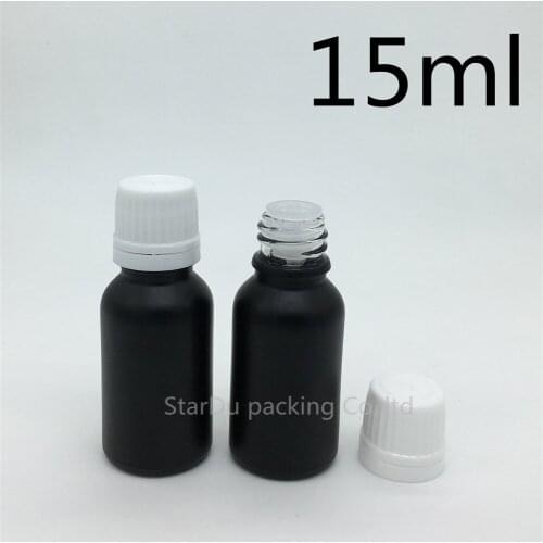 Free Shipping 500pcs 15ML Black Frosted Glass Bottle 15ml Vials Essential Oil Bottle with white Plastic cover Perfume bottles