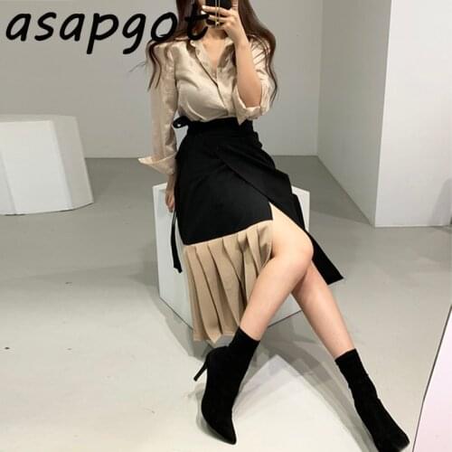Korean Chic Temperament Gloss Long Sleeve Shirt Lapel Blouse Retro High Waist Lace Up Contrast Patchwork Pleated Skirt Fashion