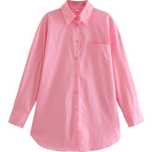 Womens loose pink long-sleeved blouse with lapel pocket trim 02246 summer 2021