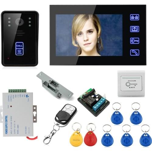 Free Shipping!ENNIO 7" RFID Video Door Phone Intercom Doorbell Touch Button Wireless Remote Unlock + Electric Strike lock