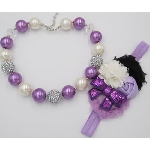 Enfants Girls Birthday Gifts 20mm Purple Chunky Pearl Beads Bubblegum Necklace Bowknot Flower Elastic Head band Jewelry Set