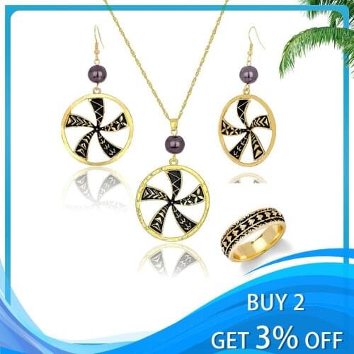 Hawaiian Round Pendants Necklaces Fashion Enamel Flower Jewelry Sets Gold Color Ring Earrings Necklace Set New Wedding for Women