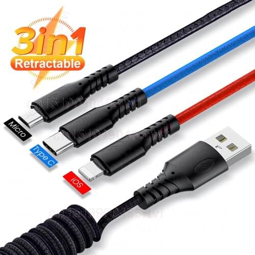 3 in 1 Spring USB Type C Cable for iPhone 12 X 11 Pro Max 3in1 2in1 Micro USB 3A Fast Charging Cable for Huawei Xiaomi 1.2/1.8M