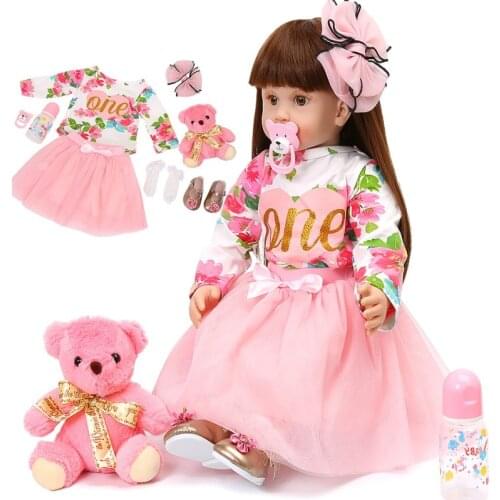 New Elegant Reborn Baby Dolls 58cm Soft Vinyl Silicone Baby Princess With Pink Cloth Long Brown Hair For Children Christmas Gift