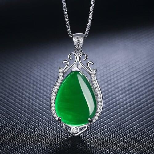 Fashion Natural Green Jade Chalcedony Water Drop Pendant 925 Silver Necklace Carved Charm Jewelry Fashion Amulet for Women Gifts