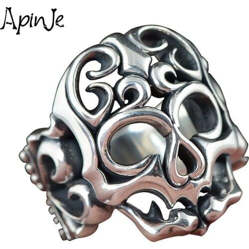 Apinje S925 Sterling Silver Skull Ring for Men Hollow Out Hip Hop Ring Skeleton Biker Men Jewelry