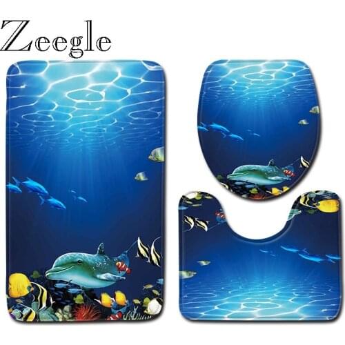Zeegle New Ocean World Bath Mat Set 3D Print Shower Mat for Toilet Decor Washable Foot Rug Lid Toilet Cover Bathroom Modern Rug