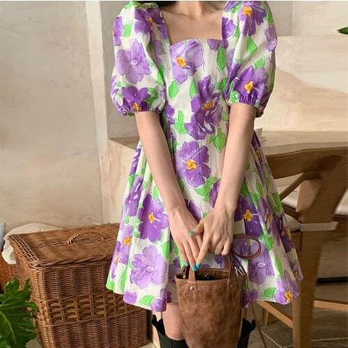 2021 new square collar printed flower dress women