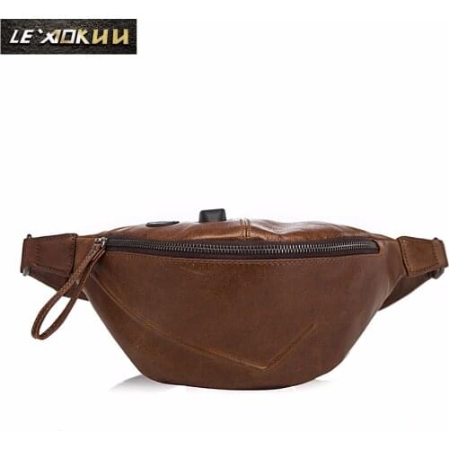 New Quality Leather men Casual Fashion Brown Travel Fanny Waist Belt Bag Chest Pack Sling Bag Design Phone Case Pouch Male 201