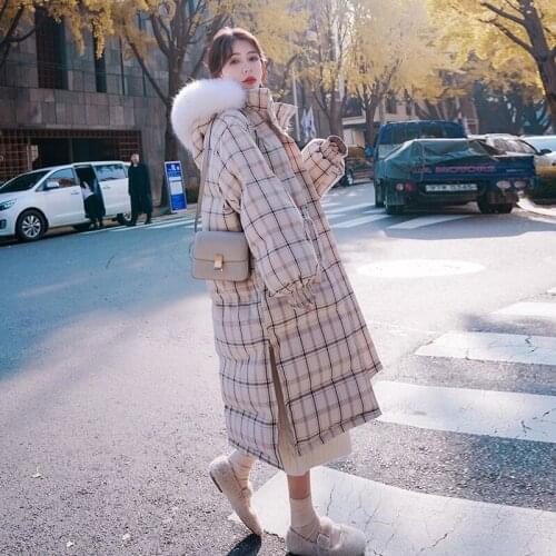 Plaid Parkas Jacket Hooded Womens Winter 2021 Korean Loose Down Cotton Warm Long Coat Windproof Casual Female Thicken Outwear