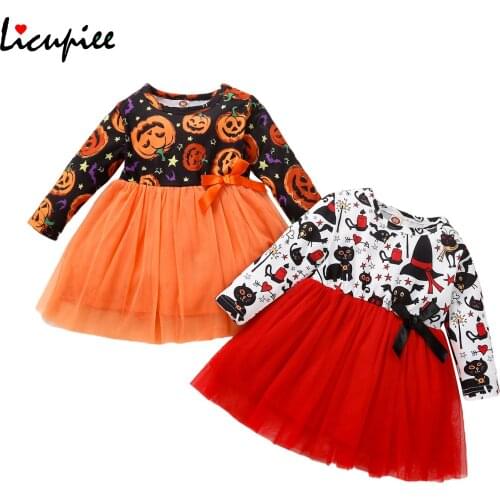 0-24 Months Baby Girl Dresses Baby Girls Casual Long Sleeve Dress Cute Halloween Printing Mesh Yarn Stitching A-line Dress