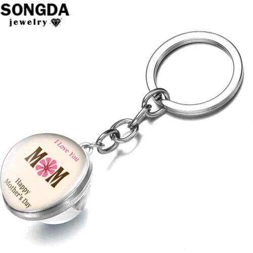 SONGDA Cartton Happy Mothers Day Series Keychain I Love Mom Art Pattern Double Sided Glass Ball Key Ring for Women Family Gift
