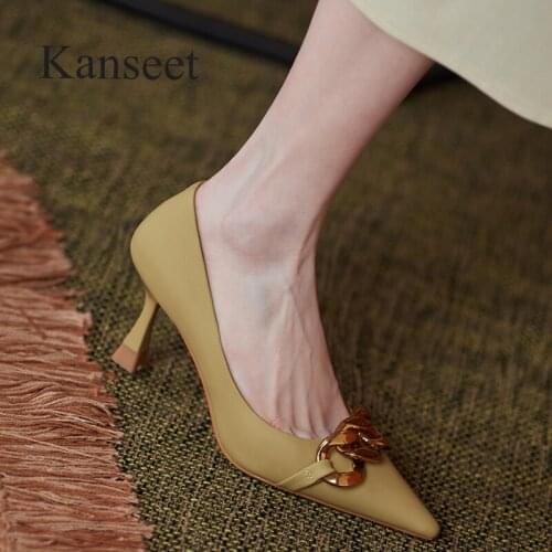 Kanseet 2021 Genuine Leather Handmade Spring Womens Shoes Chain Decoration Party Elegant Pointed Toe Sexy High Heels Woman Shoe