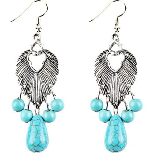 Vintage Bohemian Leaves Drop Earrings Natural Stone Beads Water Droplets Tassel Dangle Earrings For Women