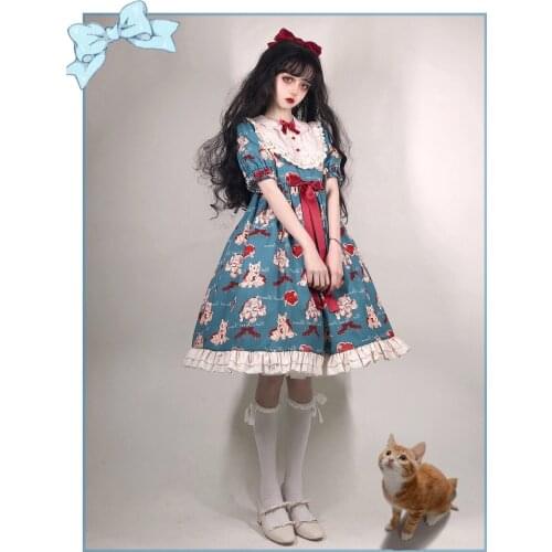 Japanese Sweet Kawaii Lolita dress gray-green wish cat Lolita cat Vintage Victorian Gothic Bow Princess Tea Party Dresses