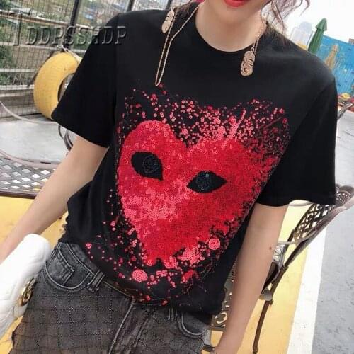 2019 Spring Summer Sequins Mask Women T Shirt Black and White Round Neck Female Tee Shirts