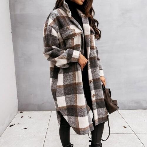 2021 Winter Checked Women Jacket Turn Down Overcoat Thin Plaid Long Coat Oversize Thin Retro Female Streetwear Shirt Jacket