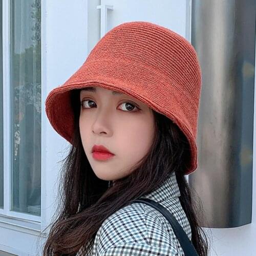 Women Solid Color Wool Bucket Hat Drawstring Fisherman Vintage Knitted Basin Cap