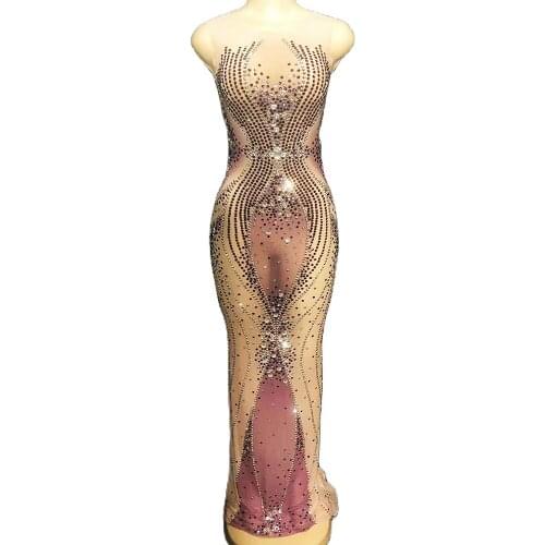 Women Sleeveless Glitter Diamond Skinny Stretch Dress Mesh Perspective Nude Long Dress Evening Prom Stage Wear Nightclub Costume