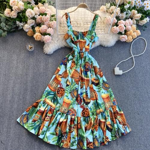 2021 Summer Seaside Holiday Dress Temperament Square Collar Print Slim Mid-length Ruffled Large Swing Suspender Dresses