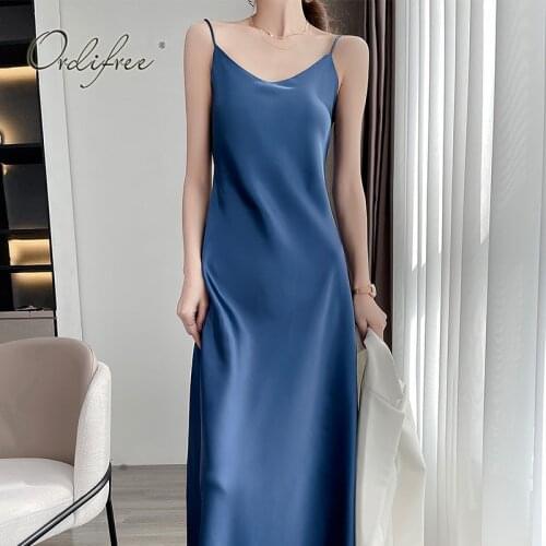 Ordifree 2021 Summer Women Sexy Party Dress Silk Shiny Vintage Spaghetti Strap Long Satin Slip Dress