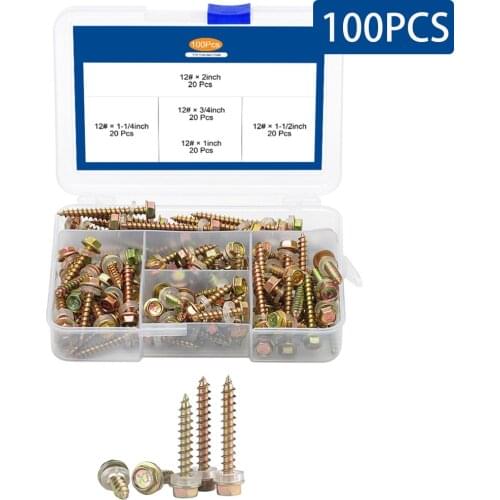 100PCS/Box Washer Head Hex Hexagon Self Drilling Tapping Screw Stainless Steel Zinc Plated Wooden Screw Assortment Kit