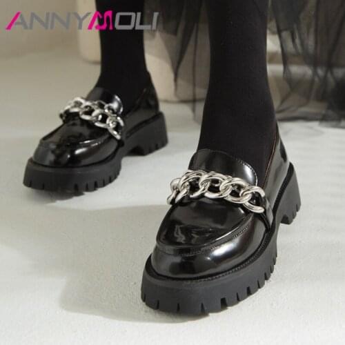 ANNYMOLI Real Leather Thick Heels Pumps Platform Mid Heels Shoes Women Cow Leather Chain Round Toe Shoes Female Black 2021 33-43