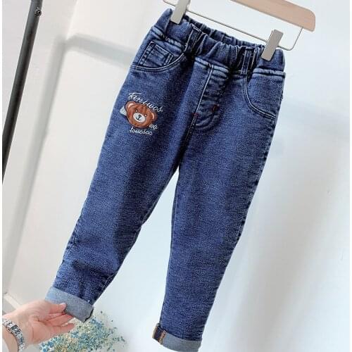 Baby Girls plus velvet thick jeans childrens casual cotton pants toddler girl cartoon bear jeans kids thick denim pants 3-8Y