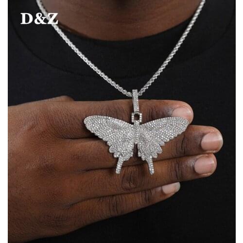 D&Z New Full Iced Out Butterfly Wings Pendant Necklace Solid Back Pendant Gold Silver Color Hip Hop Charm Chain Jewelry