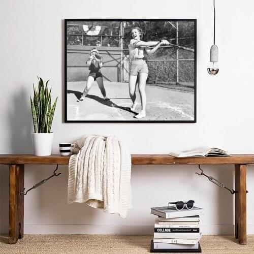 Black and White Vintage Photography Painting Two Women Playing Baseball Poster Sport Wall Art Picture Canvas Print Bedroom Decor
