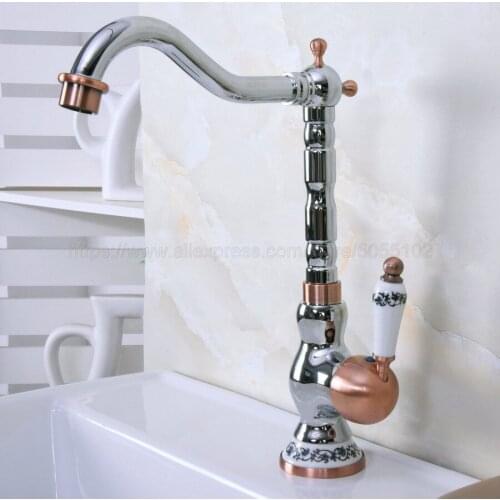 Chrome & Red Copper Bathroom Sink Basin Faucet Single Ceramic Handle Single Hole Deck Mounted basin tap znf908