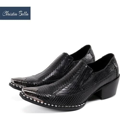 Christia Bella Italian Patchwork Men Formal Dress Shoes Metal Square Toe Party Leather Shoes Black Business Brogue Shoes