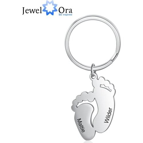 JewelOra Personalized Engraved Name Baby Feet Keychains for Ladies Stainless Steel Customized Keyring Mothers Gift Jewelry
