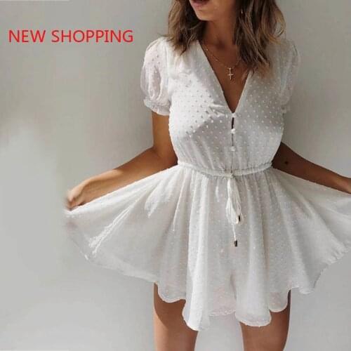 Summer Beach Overalls White Polka Dot Women Summer Jumpsuit Short Sleeve Sash Slim Waist V Neck Sexy Transparent Rompers Boho