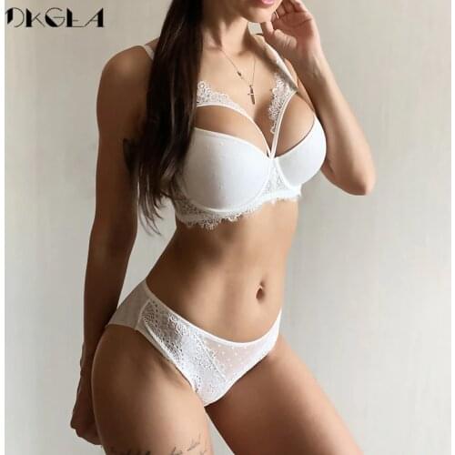 Bandage Sexy Bra And Panties Set Women Lingerie Embroidery Lace Brassiere 3/4 Cup Thick Cotton Underwear Set Push Up Bras White