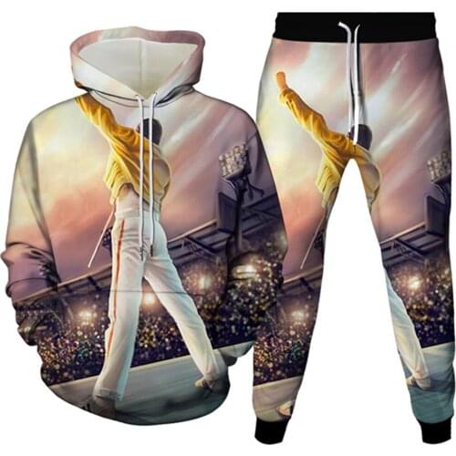 Womens 2Pcs Sets Outfits Autumn Men Tracksuit Queen Rock Band Streetwear Singer Freddie Mercury 3D Print Hoodies Trousers Suit