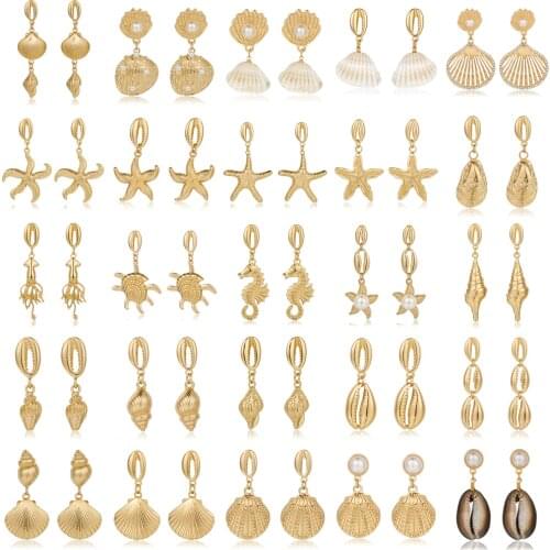Summer Beach Seashell Earrings Good Quality Gold Color Alloy Simulated Pearls Starfish Shell Drop Earring Women Jewelry