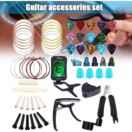 60PCS Guitar Accessories Kit Including Guitar Picks Tuner Acoustic Guitar Strings 3 in 1 String Winder Bridge Pins EDF88