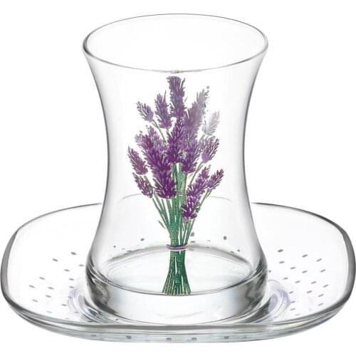 Lavender patterned turkish tea glass set ( 6 glasses + 6 coasters )