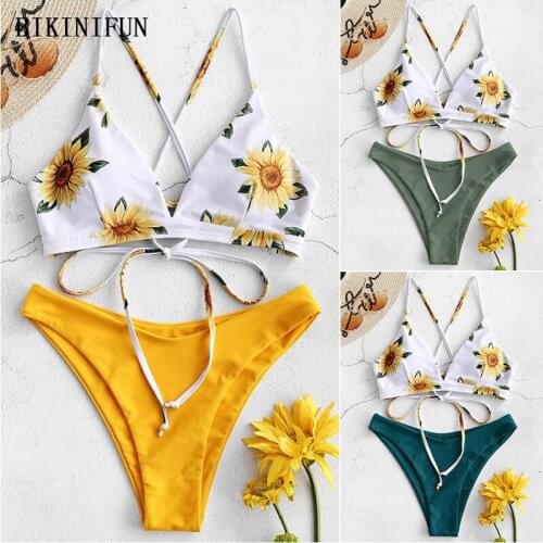 2020 New Sexy Floral Print Bralette Bikini Women Strappy Hollow Swimsuit Backless Bathing Suit S-XL Girl Low Waist Bikini Set
