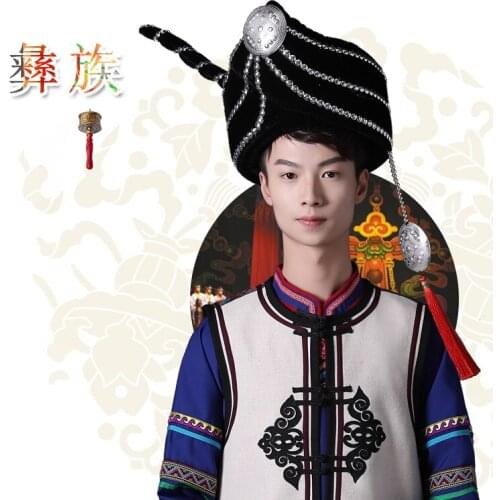 2021 New style YiZu mens black hat minority jewelry props dance performance headdress for man Chinese Yunnan